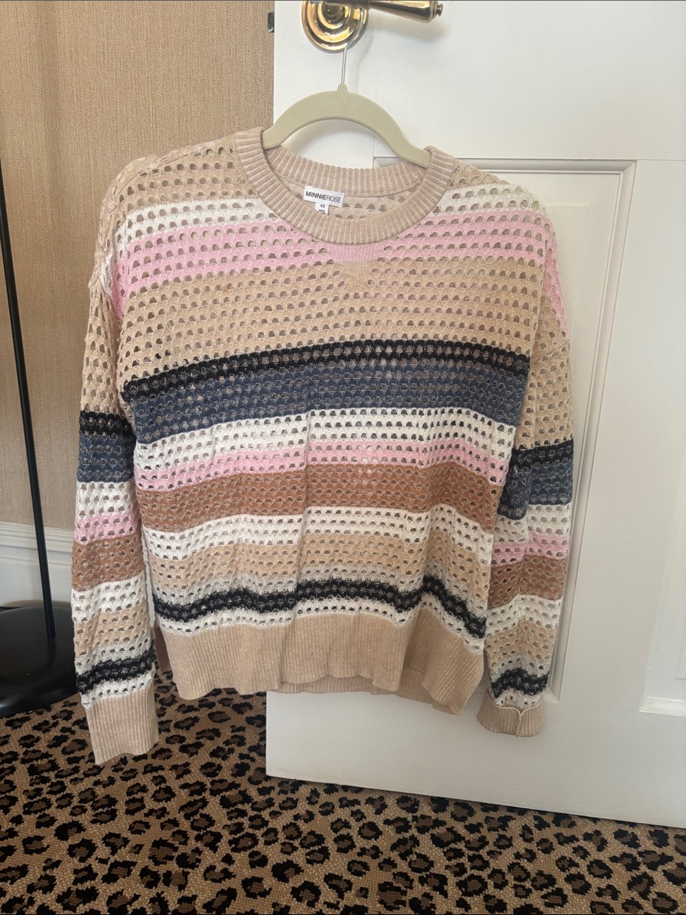 Minnie Rose Open-Knit Crewneck Sweater in Beige, Pink, Navy & White